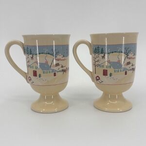 Hallmark 1987 Set of 2 Footed Mugs Winter Village Scene Hallmark Cards Vintage